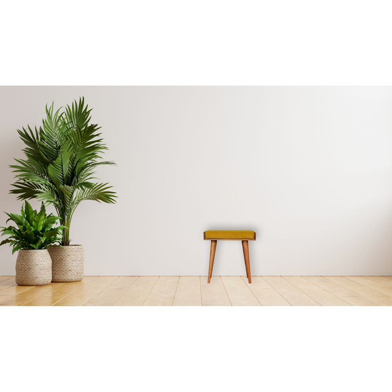Artisan Furniture Solid Mango Wood Mustard Velvet Tray Style Footstool