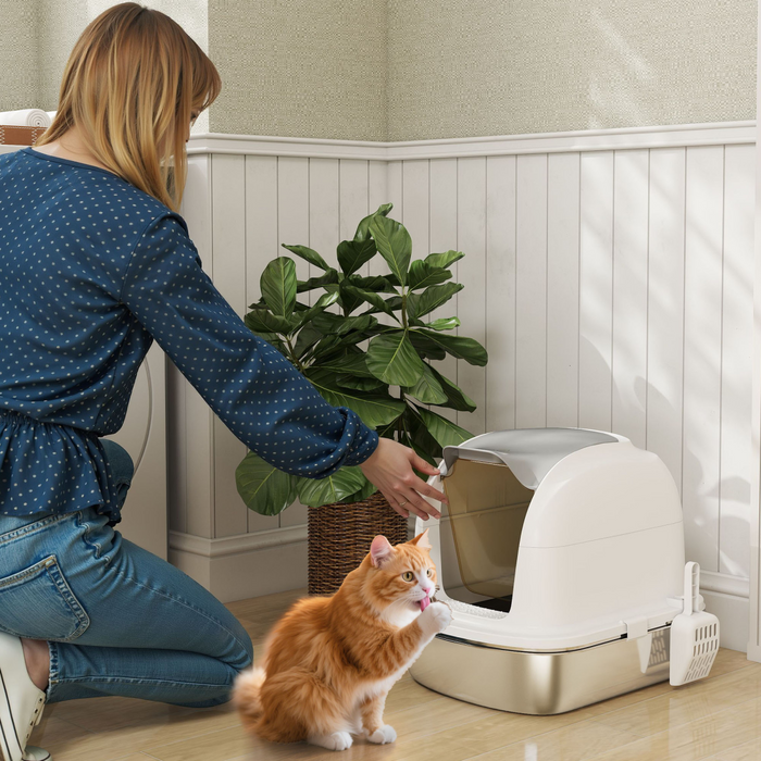 PawHut Stainless Steel Cat Litter Tray with Lid