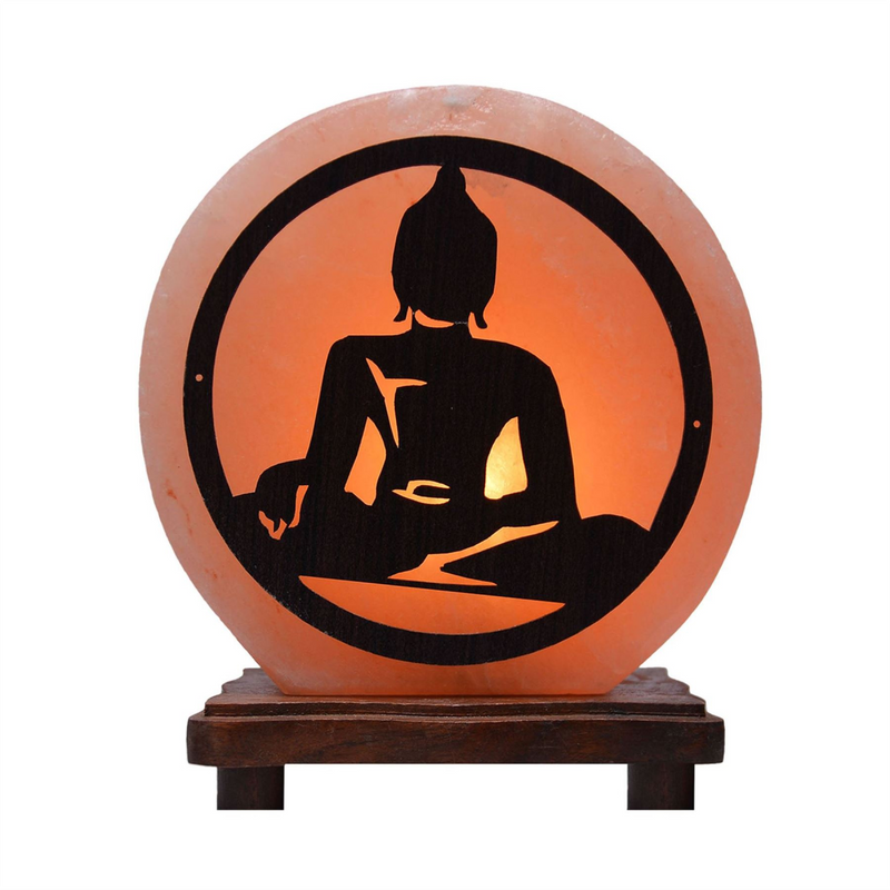 Himalayan Rock Salt Lamp with Wooden Base - Buddha Design
