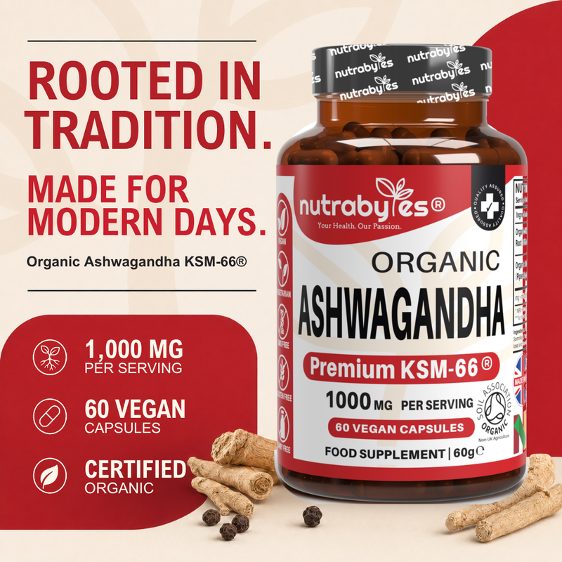 Organic Ashwagandha KSM66® 1000mg Per Serving with Organic Black Pepper, Certified Organic by Soil Association