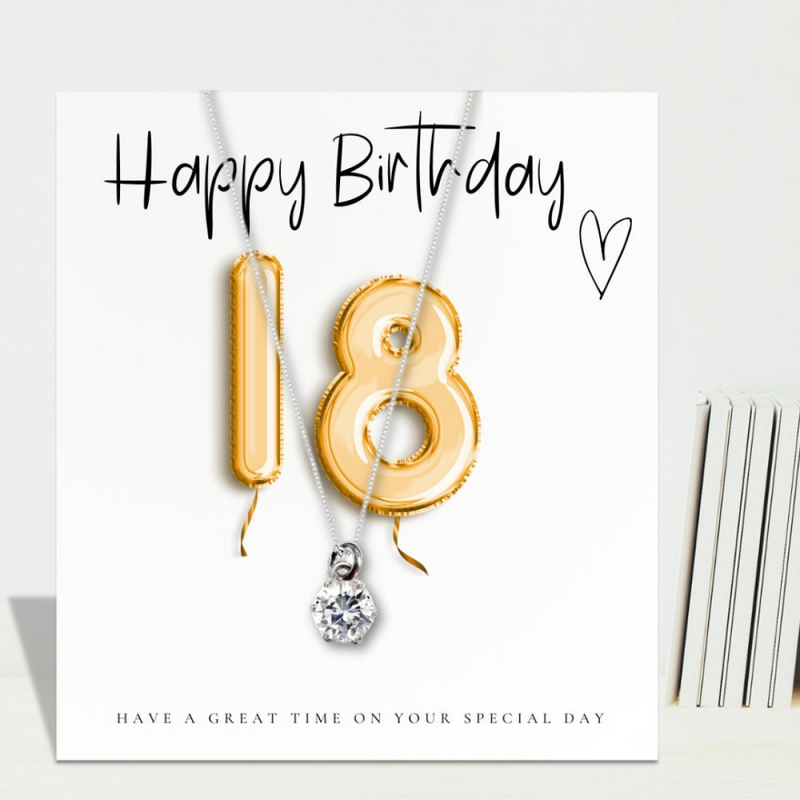 18th Birthday Cubic Zirconia Silver Necklace & Gold Balloons Mini Gift Hamper | Eightenth Gift | Girls 18th Birthday Gift Set UK