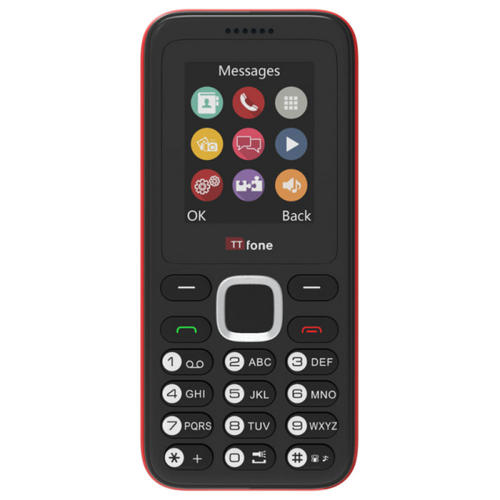 TTfone TT150 Unlocked Basic Mobile Phone UK Sim Free, Long Battery Life, Dual Sim with camera and games, easy to use, durable and light weight pay as you go - Red with Mains Charger and Giffgaff Sim Card