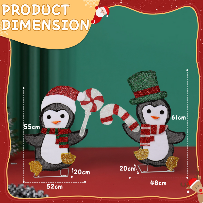 Set of 2 Lighted Penguin and Candy Cane Christmas Decorations, Pre-lit 2D Holiday Decor with 80 Warm White LED Lights for Xmas Outdoor Indoor Decor Lighted Holiday Displays