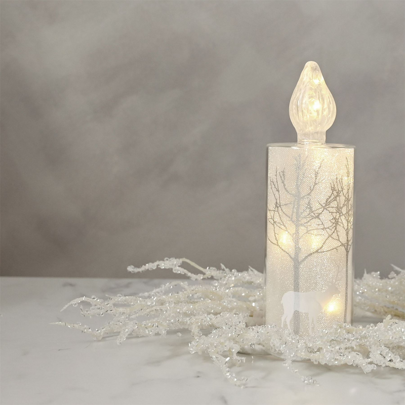 Silver Forest Scene Medium LED Glass Candle Light