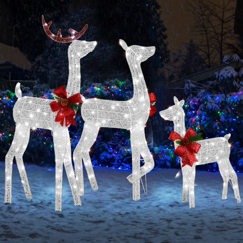 3-Piece Lighted Christmas Reindeer Family Set Outdoor Decorations, Weather Proof 2D Deer Family Set of 3 Christmas Ornament Home Decor Pre-lit 200 LED White Lights with Stakes, White