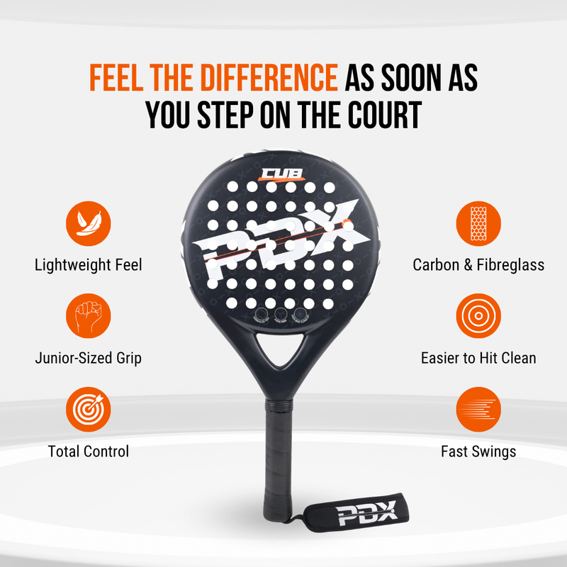 PDX Cub Kids Beginner Padel Racket | Ages 6-12 | 30% Carbon 70% Fibreglass | 270g Round