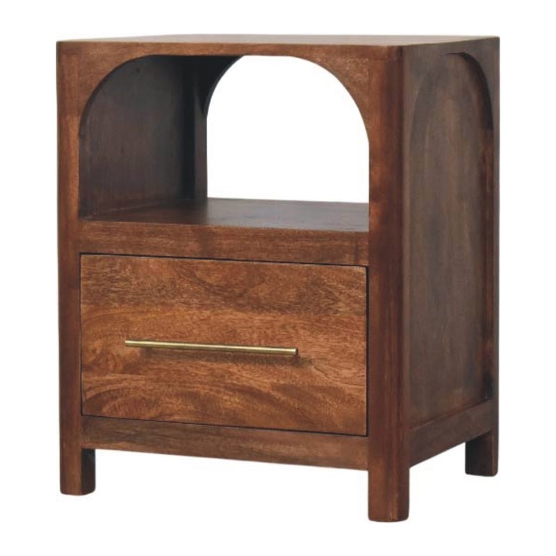Artisan Furniture Solid Wood Arc-Line Bedside Table, 1 Drawer & 1 Open Slot, Brown