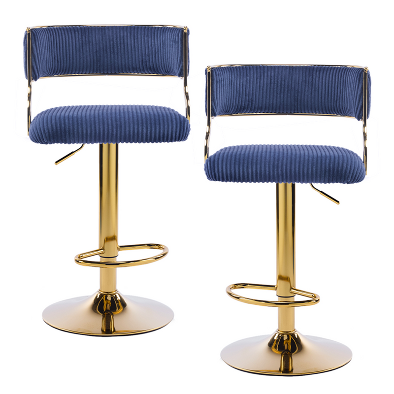 2pcs Blue Corduroy Swivel Bar Stools with Gold Plated Trumpet Base and Height Adjustable Gas Lift