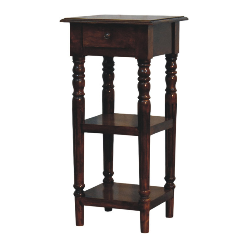 Artisan Furniture Solid Wood Tall Turned Leg Side Table, 1 Drawer & 2 Shelves, Brown