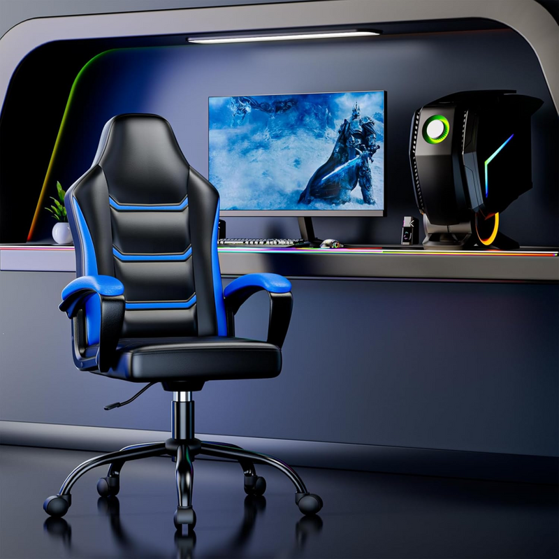 Ergonomic Gaming Chair, Height Adjustable Computer Chair, Pu Leather PC Chair with Castors, for Adults and Teenagers
