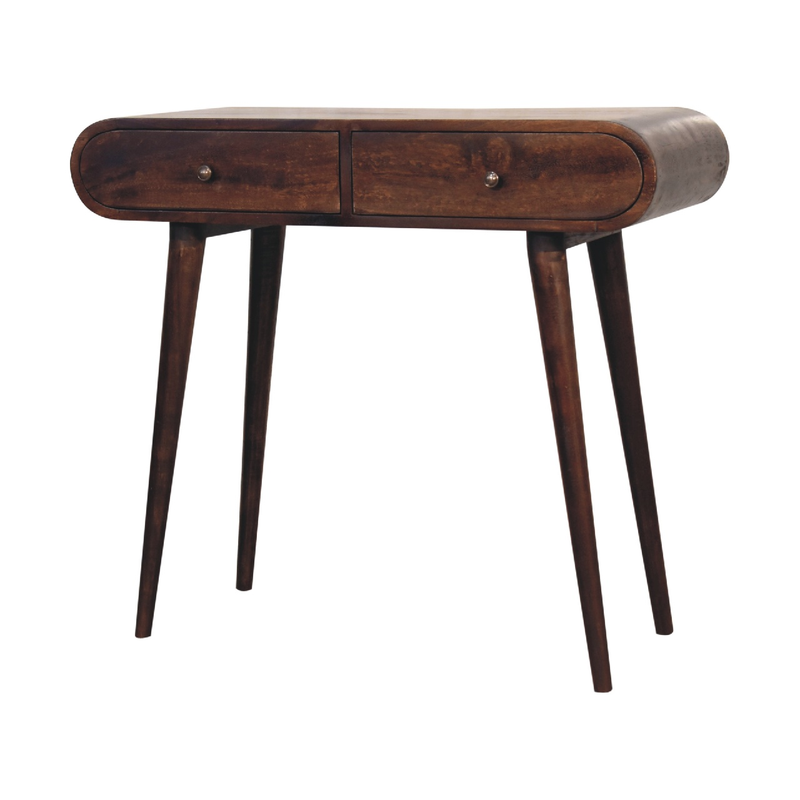 Artisan Furniture Solid Wood Light Walnut Curved Edge Console Table, 2 Drawers, Dark Brown