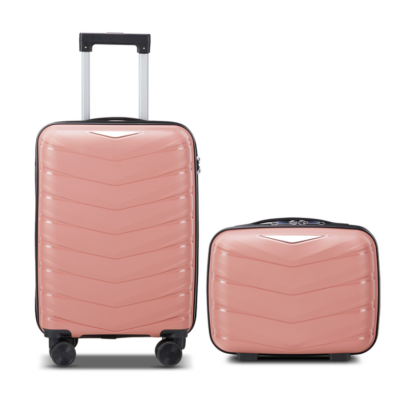 V-shaped stripe 2-piece set with PP handbag PP trolley case 14in 20in PP iron trolley fashionable color - rose gold (grain pattern)