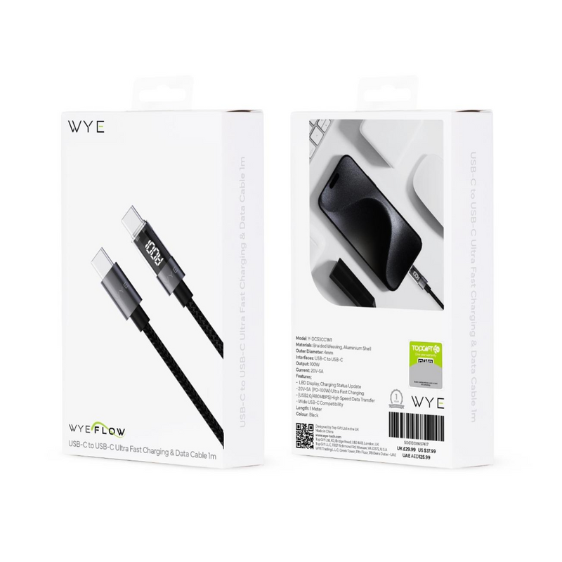 Wyeflow 100W USB-C to USB-C Ultra Fast Charging & Data Cable With LED Display 1m