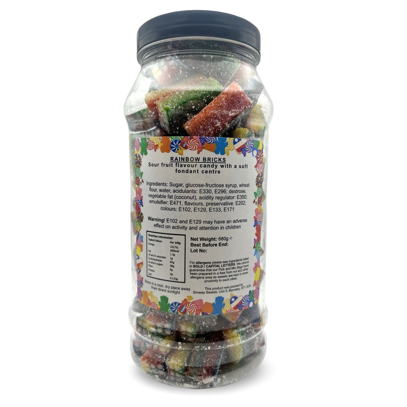 Rainbow Sour Candy Bricks Retro Fizzy Gummy Sweets Gift Jar - 680g