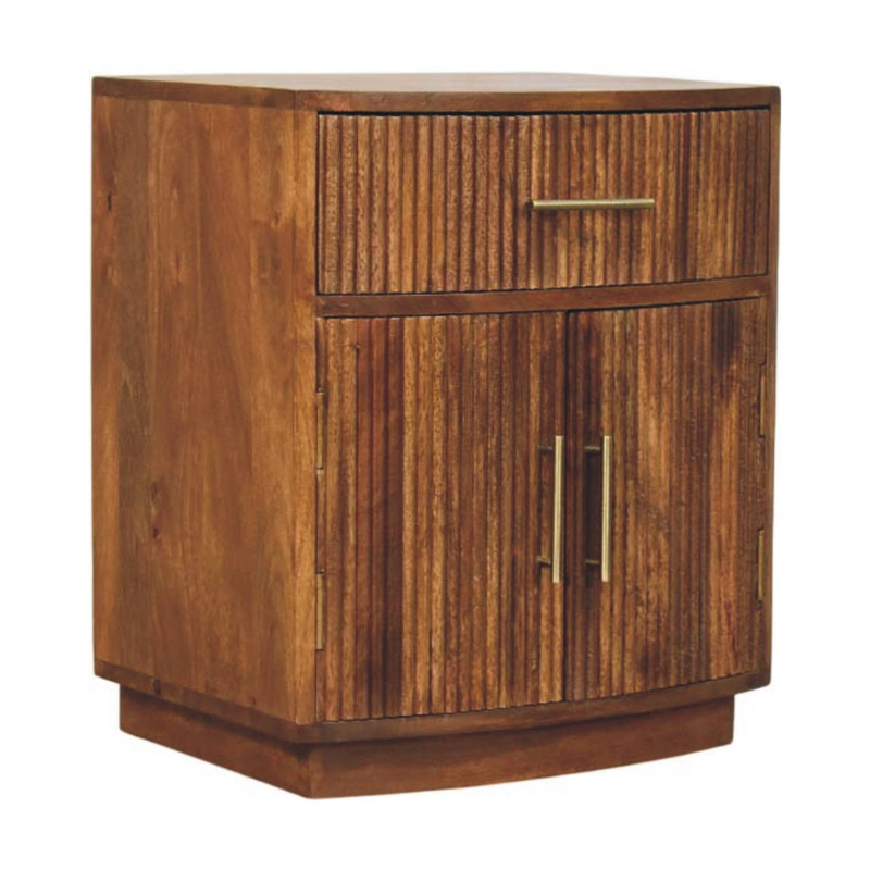 Artisan Furniture Solid Wood Solid Wood Curved Ribbed Bedside, 1 Drawer And 2 Shelfs, Brown