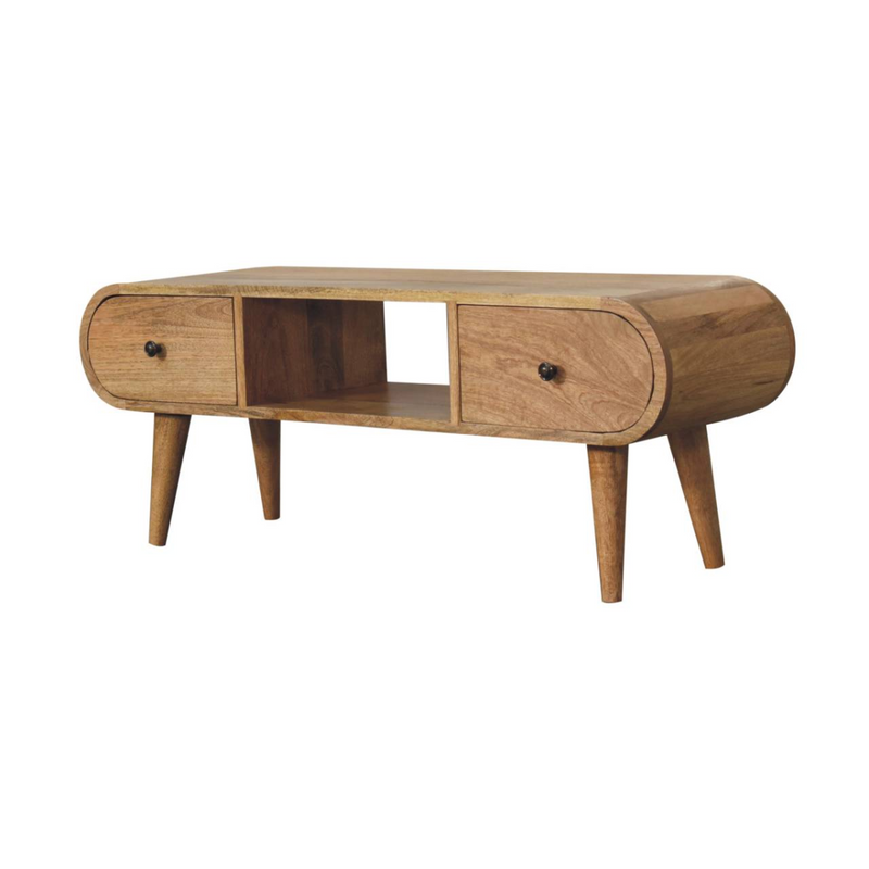 Artisan Furniture Solid Wood Oak-ish Circular TV Unit, Beige, 2 Drawers and Open Slot