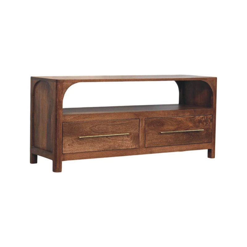 Artisan Furniture Solid Wood Arc-Line Media Console, 2 Drawers & 1 Open Slot, Brown