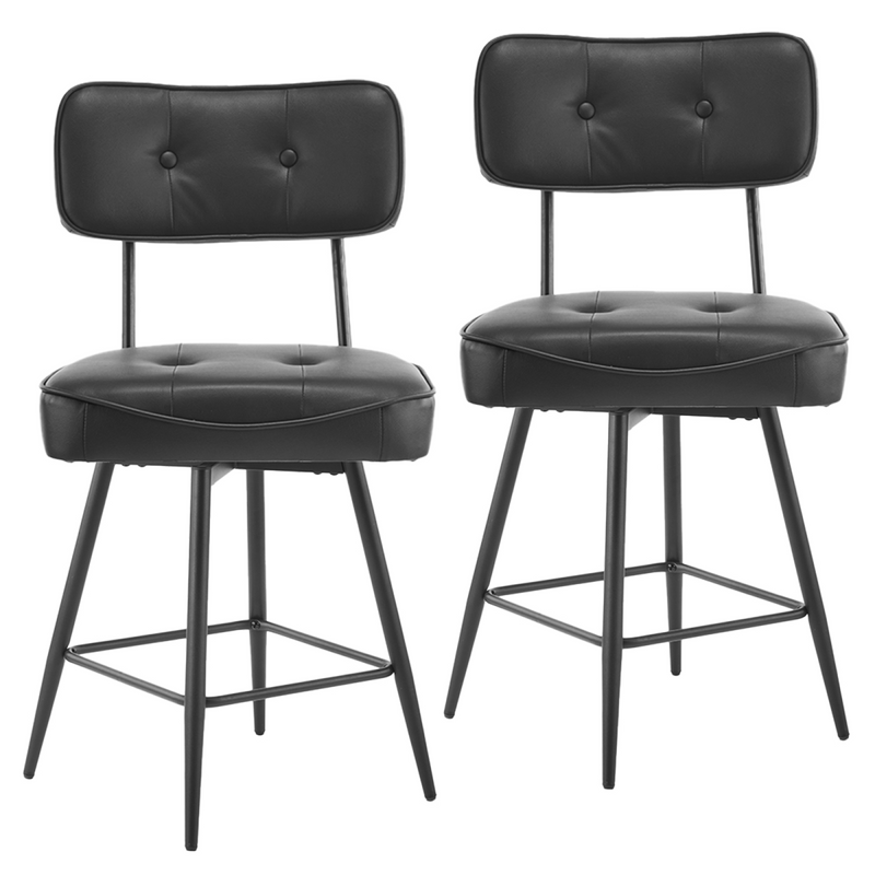 2 Pcs Black PU Swivel Bar Stools with Button-Tufted Backrest and Metal Legs