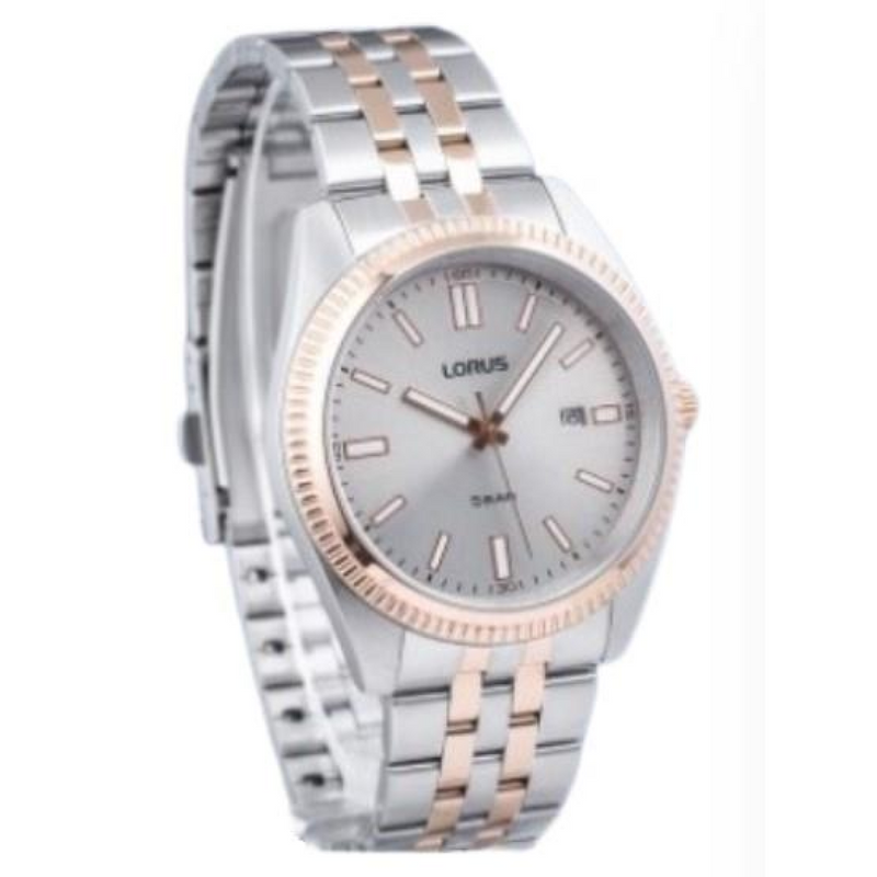 Lorus Mens Basic Fashion Date Grey Sunray Dial Two tone Rose gold and Silver Stainless Steel Bracelet Watch RH974QX9