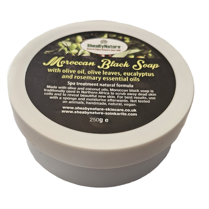 SheaByNaTure MOROCCAN Black Soap. 100% Pure and Natural Soap Made from Olive Oil, coconut oil and Olive Leaves, using traditional Moroccan Method with Eucalyptus and Rosemary essential oil.
