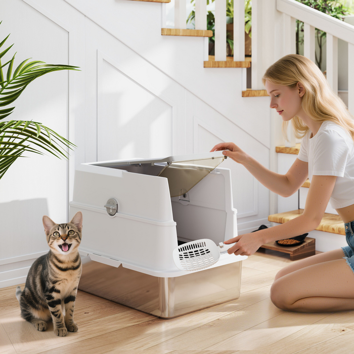 PawHut Extra Large Stainless Steel Cat Litter Tray with Scoop, Flip Top