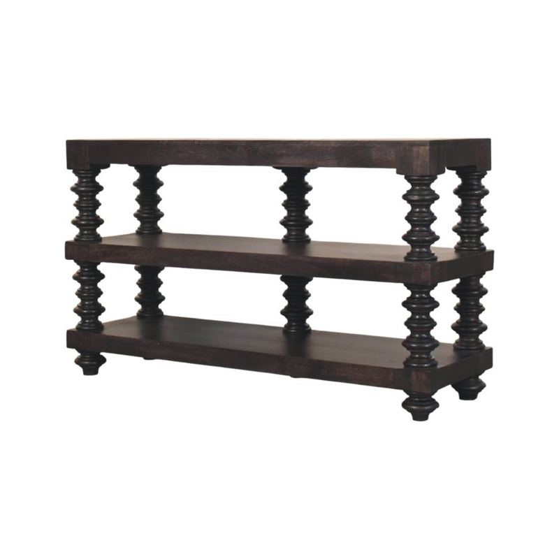 Artisan Furniture Solid Wood Spindle Shelf Console in Carbon Ash, 2 Open Slots, Dark Brown