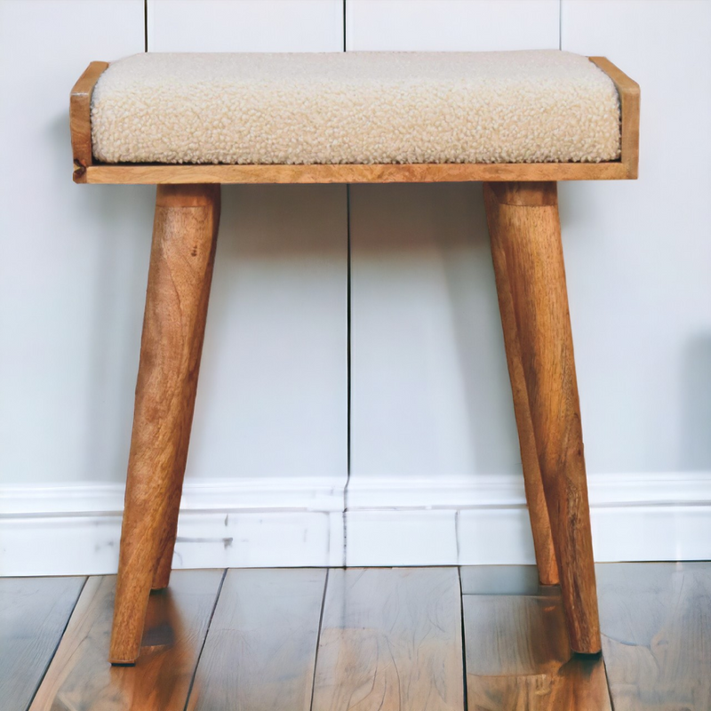 Artisan Furniture Solid Mango Wood Boucle Cream Tray Style Footstool