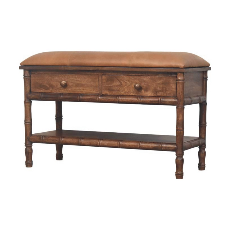 Artisan Furniture Solid Wood Upholstered Bamboo Carved Storage, 2 Drawers, 1 Shelf, Brown