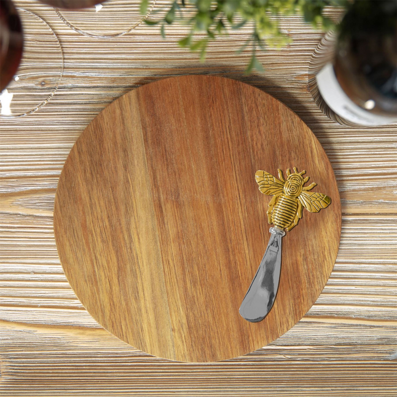 Round Acacia Cheese Board with Spreader Bee Design