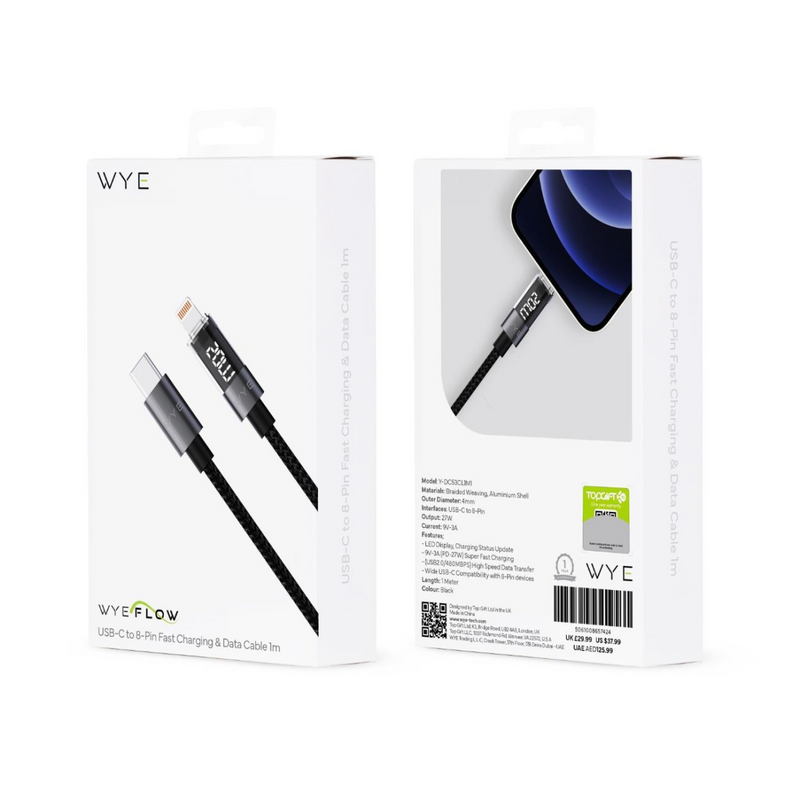 Wyeflow USB-C to 8-Pin Fast Charging & Data Cable With LED Display 1m