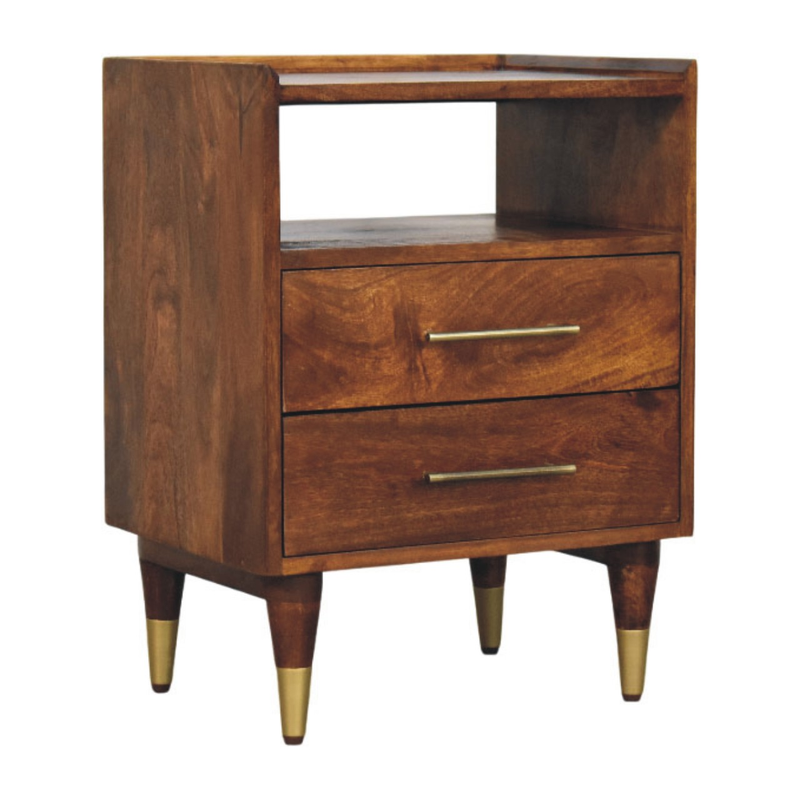 Artisan Furniture Solid Wood Valenza Open Frame Bedside, 2 Drawers & 1 Open Slot, Brown