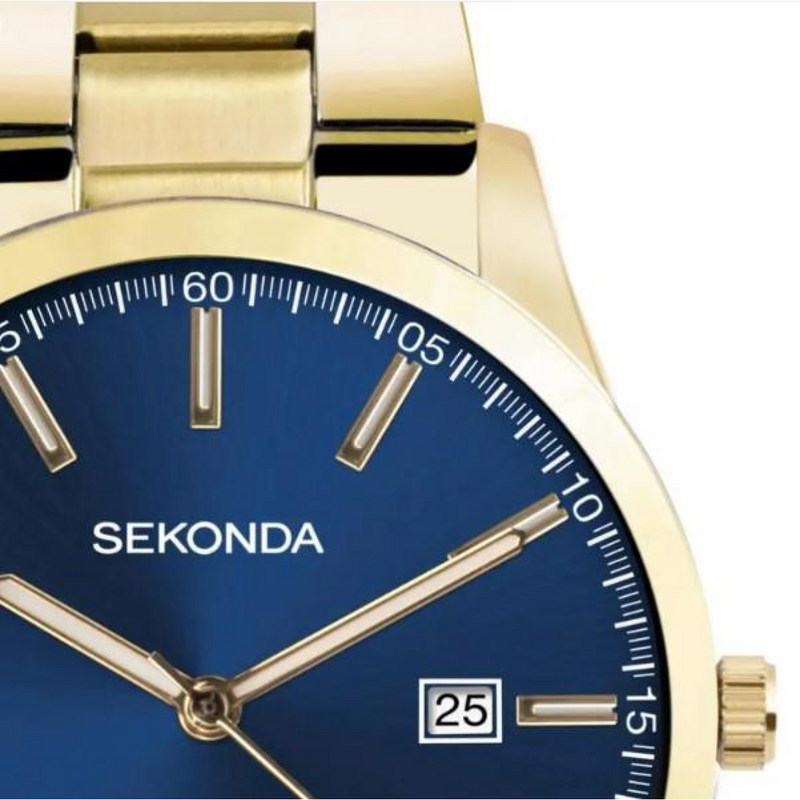 Sekonda Mens Fashion Dated Blue Dial Gold PVD Stainless Steel Bracelet Watch