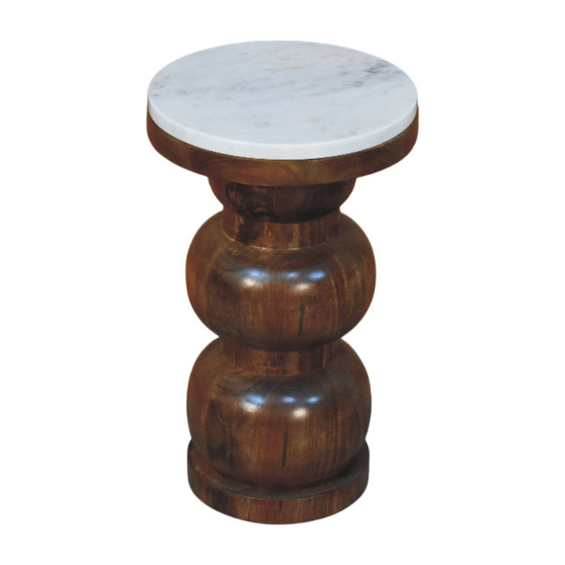 Artisan Furniture Solid Wood Marble Top Bulla Side Table, Brown & White