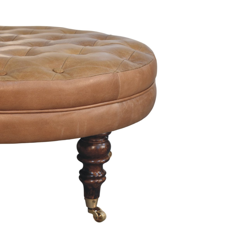 Artisan Furniture Solid Wood Brown Buffalo Leather Round Ottoman with Castor Legs, Brown