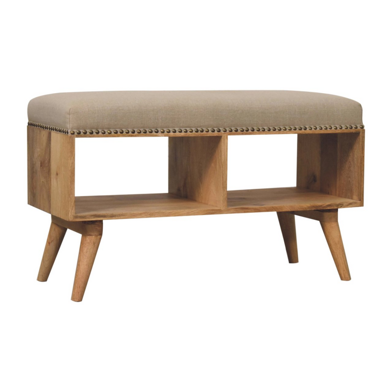 Artisan Furniture Solid Wood Studded Linen Open Bench, Upholstered, 2 Open Slots, Beige