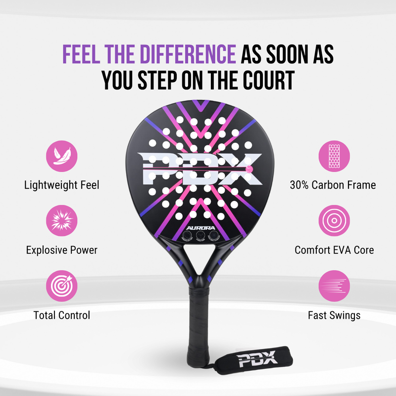 PDX Aurora Beginner Padel Racket | Complimentary Racket Carrier Bag | 30% Carbon 70% Fibreglass | 355g Round | Control