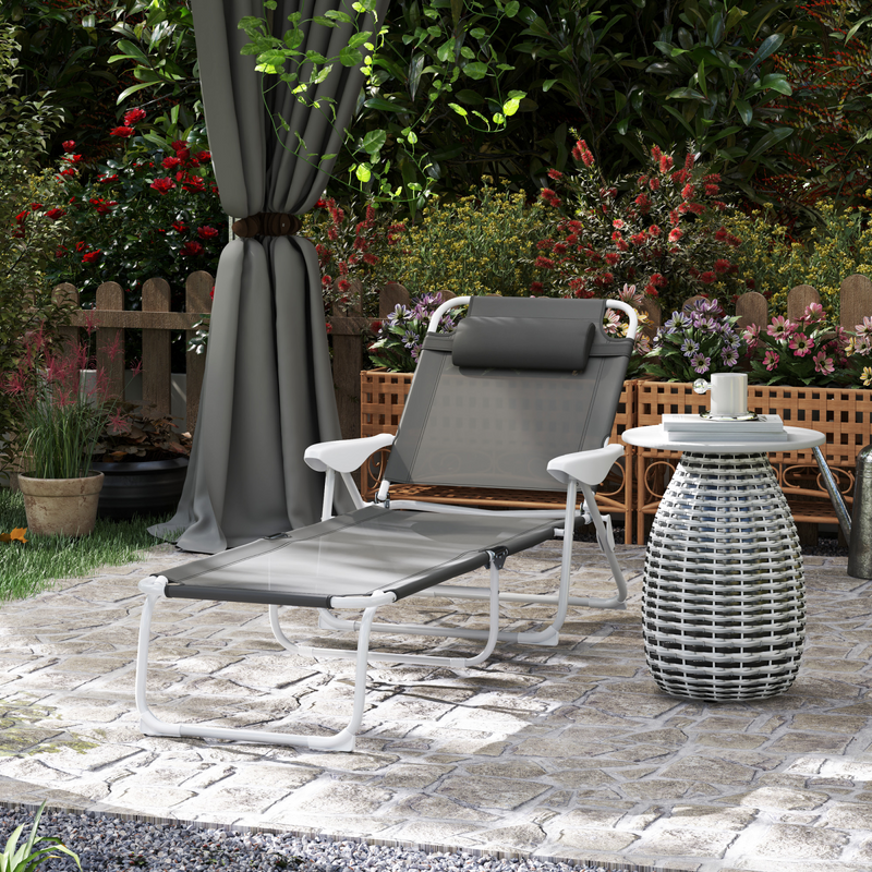 Outsunny Folding Sun Lounger with 4-Level Backrest & Headrest, Charcoal Grey