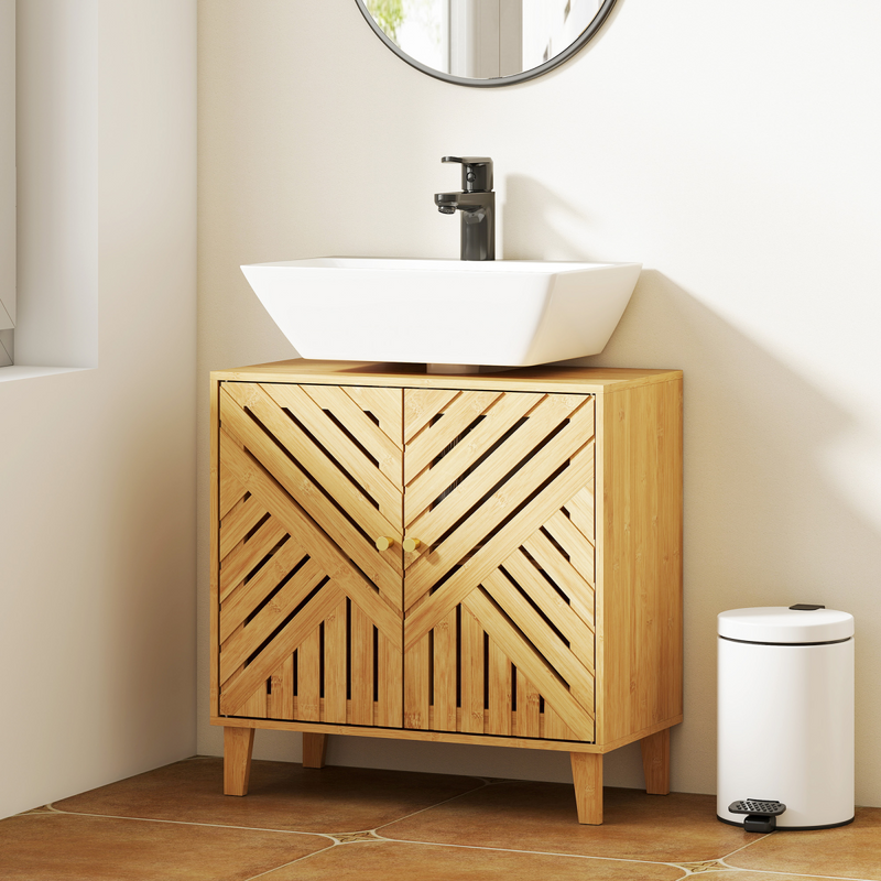 HOMCOM Bamboo Bathroom Under Sink Cabinet with Adjustable Shelf, Natural