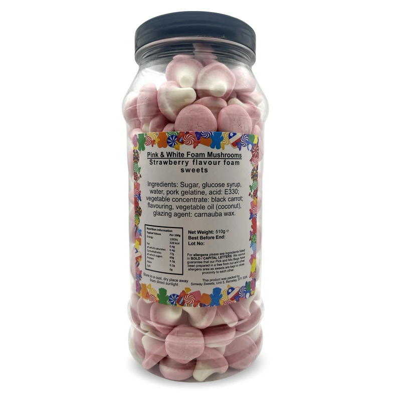 Pink & White Foam Mushrooms Retro Sweets Gift Jar - 510g