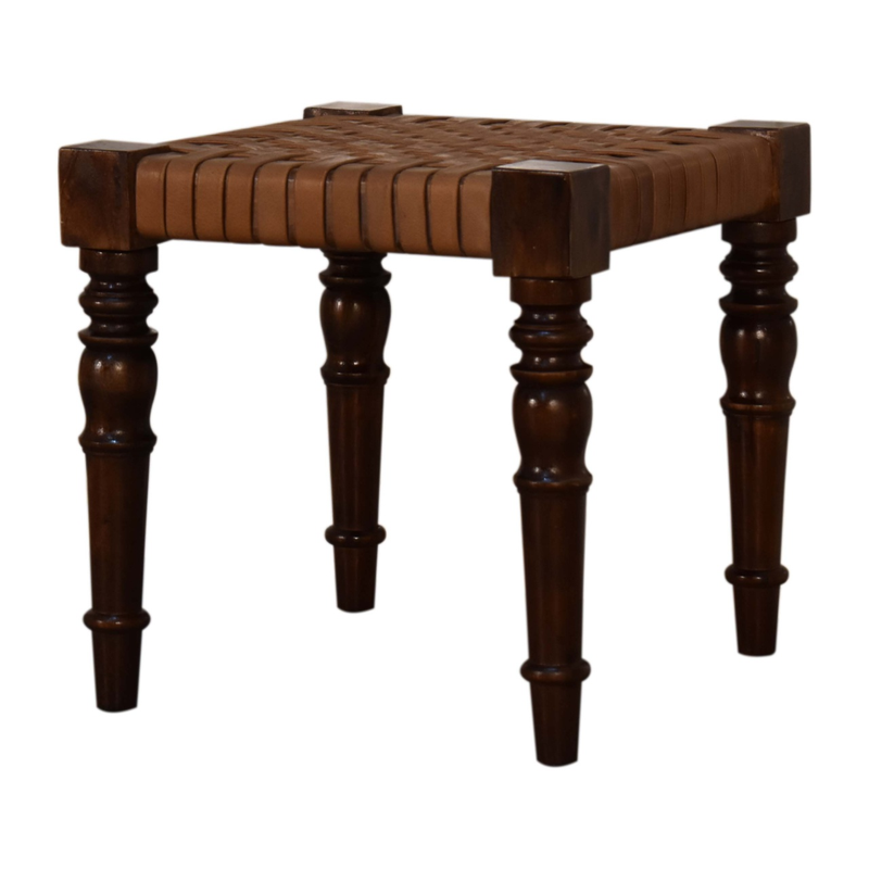 Artisan Furniture Solid Wood Woven Leather Footstool, Brown