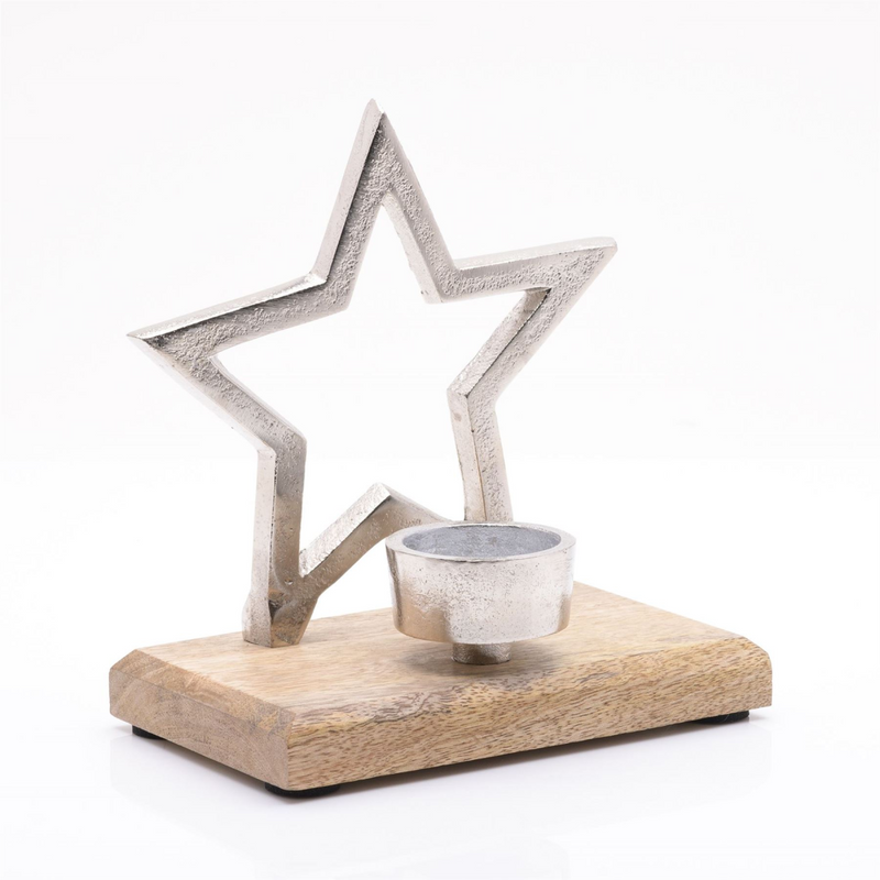 Metal Star & Wood Tea Light Holder 17cm
