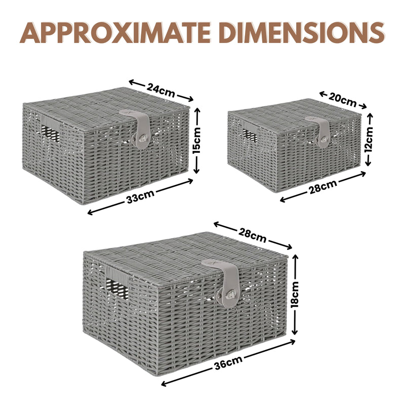 3 Grey Wicker Storage Baskets – Resin Woven Hamper Storage Boxes
