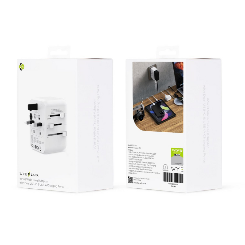 WYEFLUX Global Ease With USB-A & Dual USB-C Quick Charging Ports Travel Adaptor