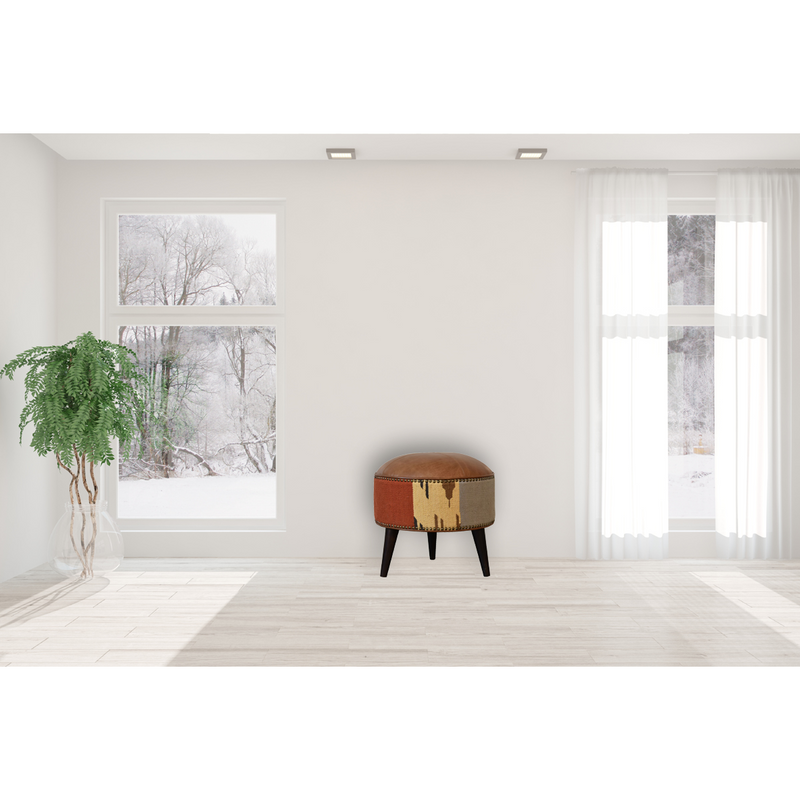 Artisan Furniture Solid Wood Durrie & Leather Mixed Footstool