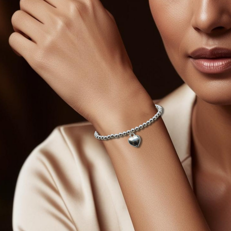 Puff Heart Silver Beaded Bracelet & Love You Mini Gift Hamper