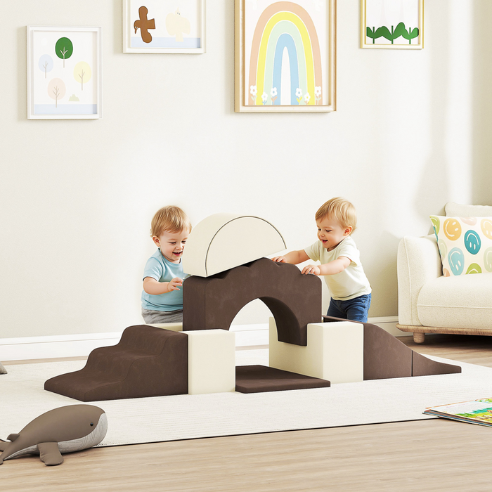 AIYAPLAY Kids Soft Play Set, 7 Piece Foam Climbing Blocks, Brown