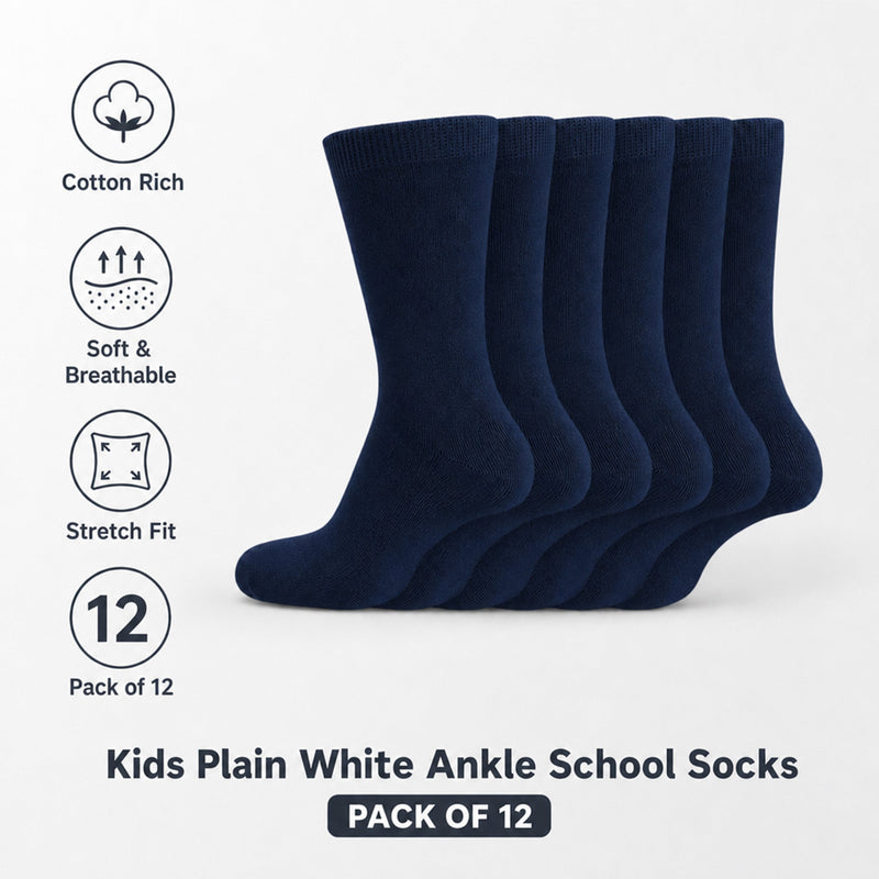 12 Pairs Kids Cotton School Socks Breathable Durable Ankle Socks Boys Girls Uniform Navy Grey Black White Sizes 2 to 12 by Sock Stack