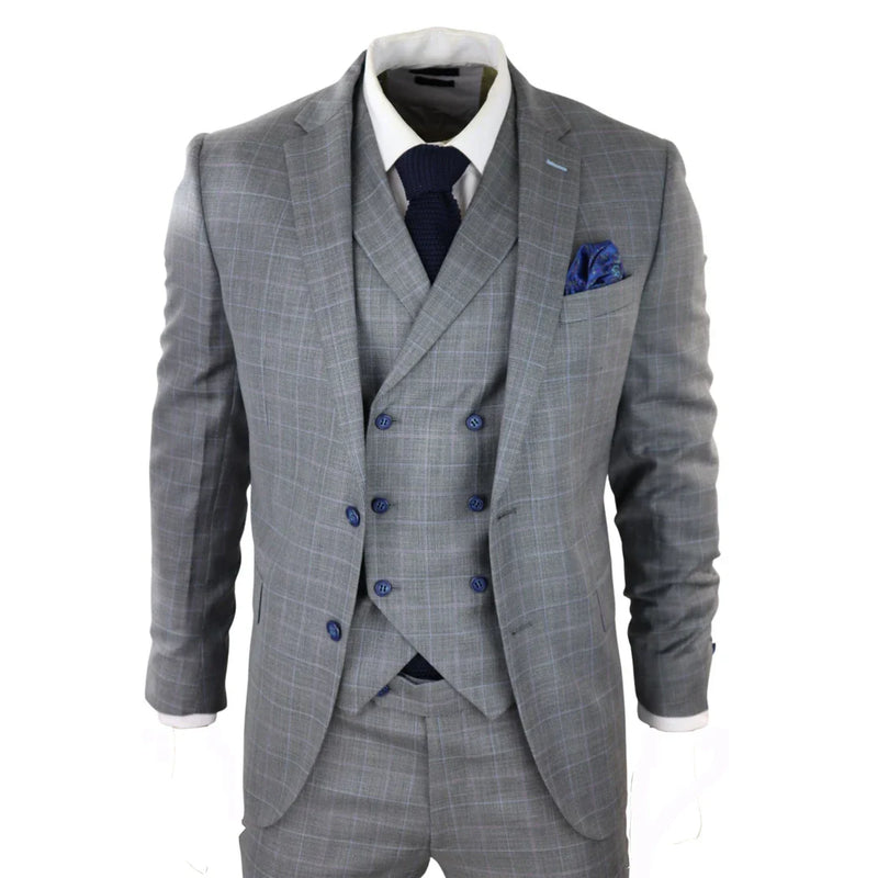 Men's Light Grey 3 Piece Suit Blue Check Double Breast Waistcoat Office Wedding Prom