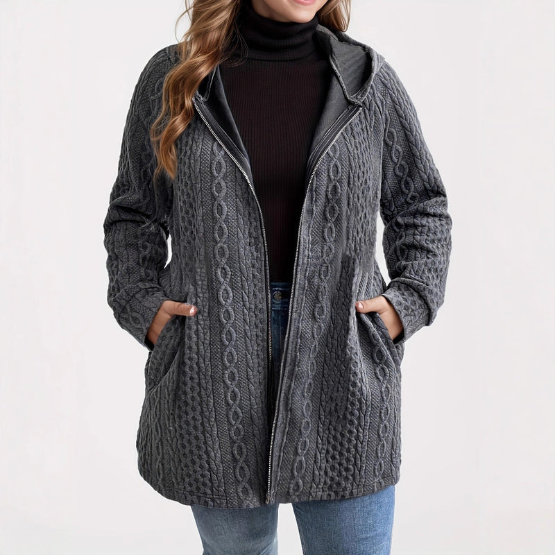 Women's Solid-Color Wavy-Pattern Patchwork Hooded Coat With Pockets