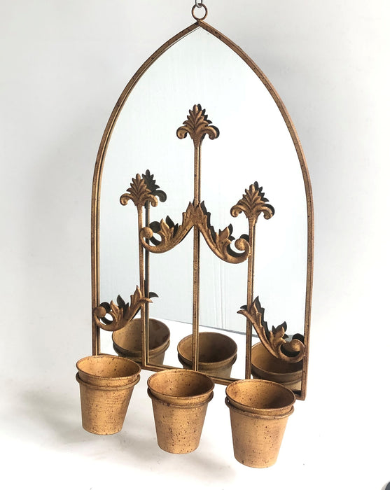 75cm RUSTY WALL MIRROR WITH TRIPLE PLANTER